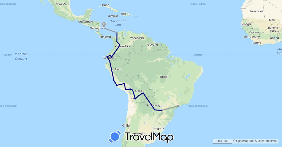 TravelMap itinerary: driving, plane in Bolivia, Brazil, Colombia, Ecuador, Peru, Paraguay (South America)
